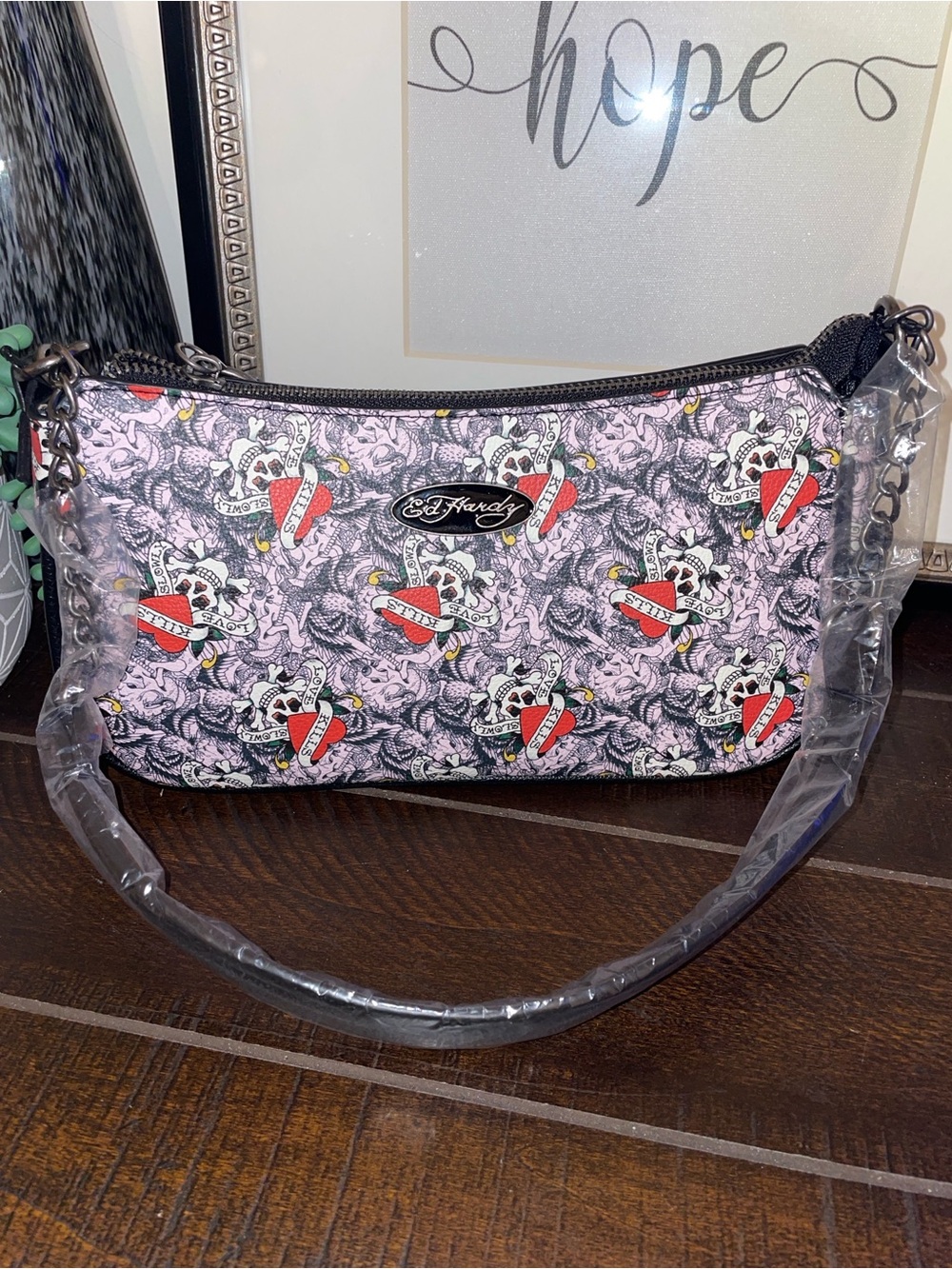 NWT!! Ed Hardy “Love Kills Slowly” Pink Tattoo-Print Crossbody Shoulder Bag